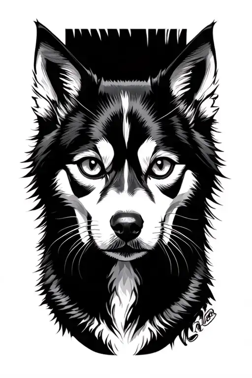 I want a tattoo of a black cat and a Husky in geek mode all in black and white tattoo design idea