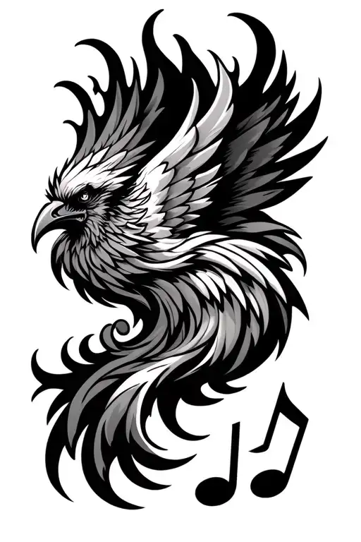 With Greco-Roman style, a phoenix, a musical note in flames and the Kid Keo face logo also tattoo design idea