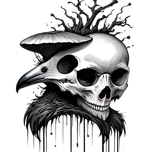 bird skull mushroom coming out of head tattoo design idea