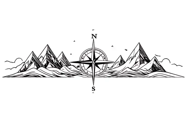 large compass surrounded by intricate geometric mountains and waves, black and white, add triangle pattern tattoo design idea