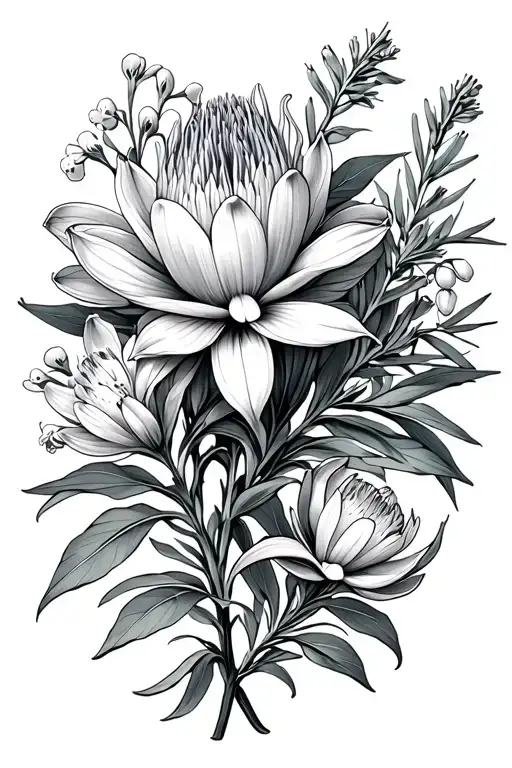 cedar branch, forget-me-not flowers, protea flower, moon flower, rosemary sprig, lily of the valley flowers  tattoo design idea
