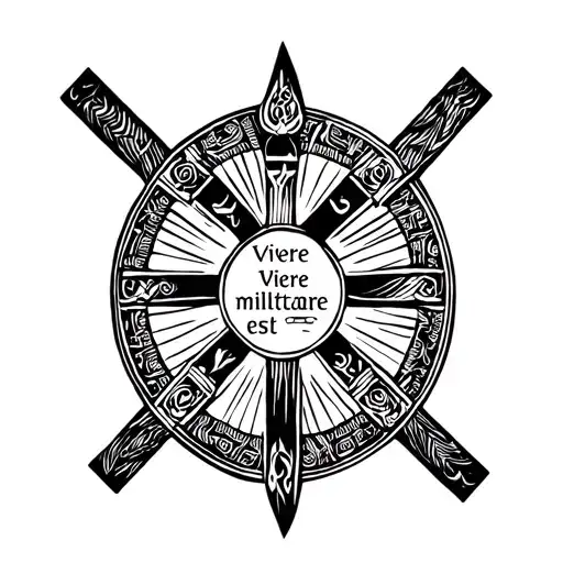 ancient greek shield with armenian symbol suncross and in the middle the inscription "vivere militare est "  tattoo design idea