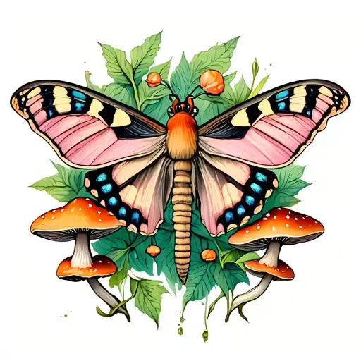 lunar moth with ink cap mushrooms and Rhodotus mushrooms around moth tattoo design idea