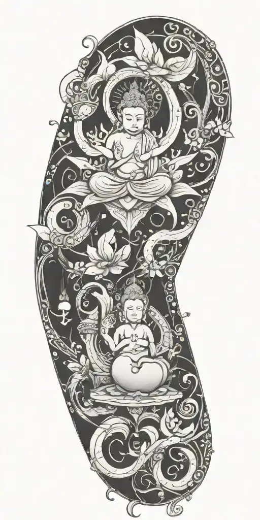 Blend Buddhist symbols, fine-line wood grain, anime elements, and subtle gaming symbols into a cohesive, flowing design tattoo design idea