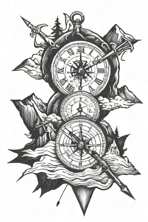 clock, mountains, anchor, arrow, compass tattoo design idea