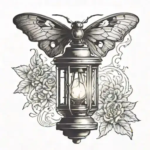 old lantern with flame and shadow silhouette of a moth tattoo design idea