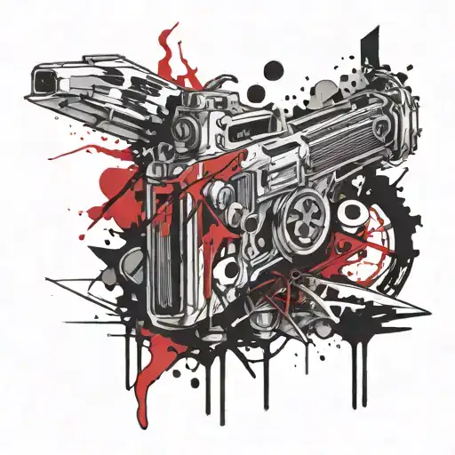 A colorful and dynamic tattoo featuring a fusion of Trash Polka, gaming motifs, and iconic imagery from Alan Wake tattoo design idea