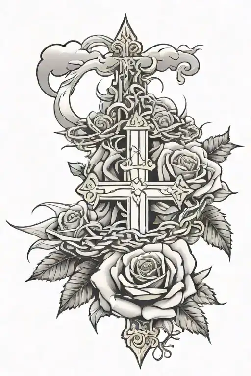 rose with crown of thorns and three crosses surrounded by clouds  tattoo design idea