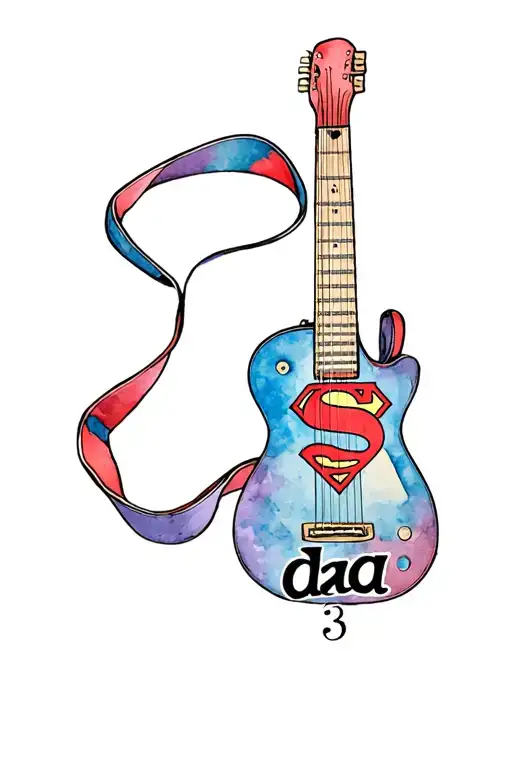 guitar. Superman logo in the center. aguitar strap wrapping around that says dad.sticker on the bottom with the number 3 tattoo design idea