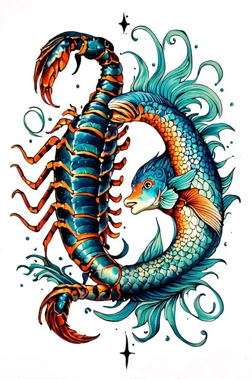 here is a full arm sleeve tattoo of a scorpio falling in love with a pisces featuring mandala design tattoo design idea