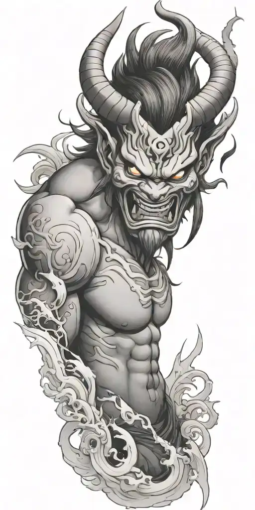 male anime character  oni mask fighting off inner demons  tattoo design idea
