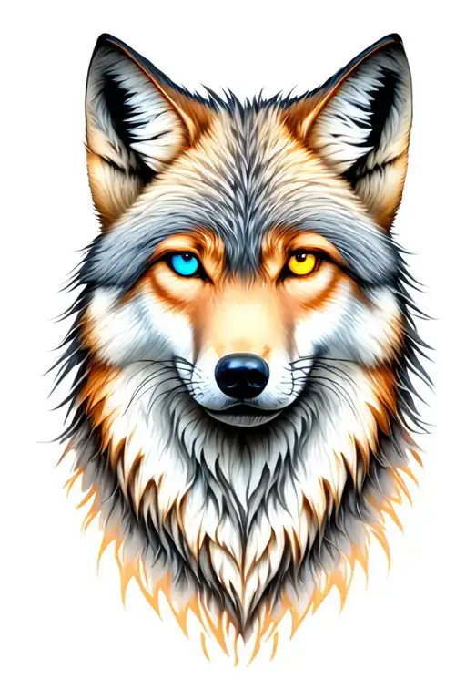 Wolf similar to 3 queues fox with a light blue and a yellow eye. tattoo design idea