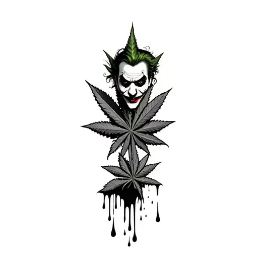 composition,joker,marijuana leaves in the background,dripping blood tattoo design idea