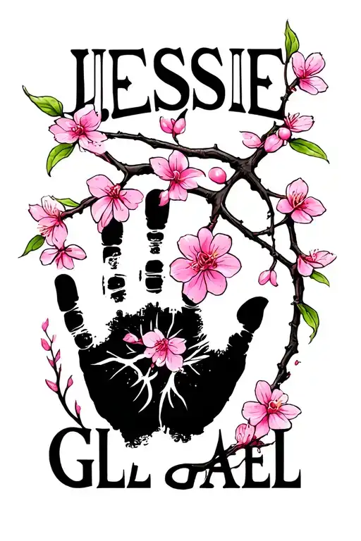 "Jessie Gael" black and white baby hand print with a few pink cherry blossom branch tattoo design idea