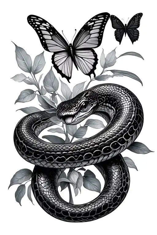 snake with butterfly surrounded tattoo design idea