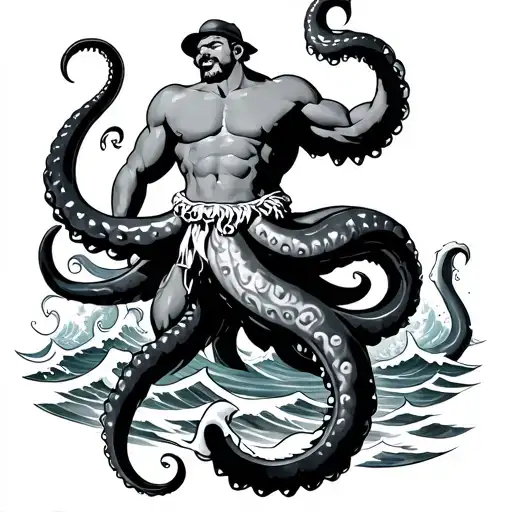 posiedon in popeye style, with a kraken and waves  tattoo design idea