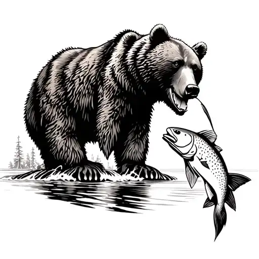 An intricate dotwork tattoo of a grizzly bear catching a salmon in a river, representing the client's love for British Columbia and nature tattoo design idea