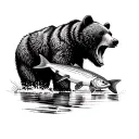 An intricate dotwork tattoo of a grizzly bear catching a salmon in a river, representing the client's love for British Columbia and nature tattoo design idea