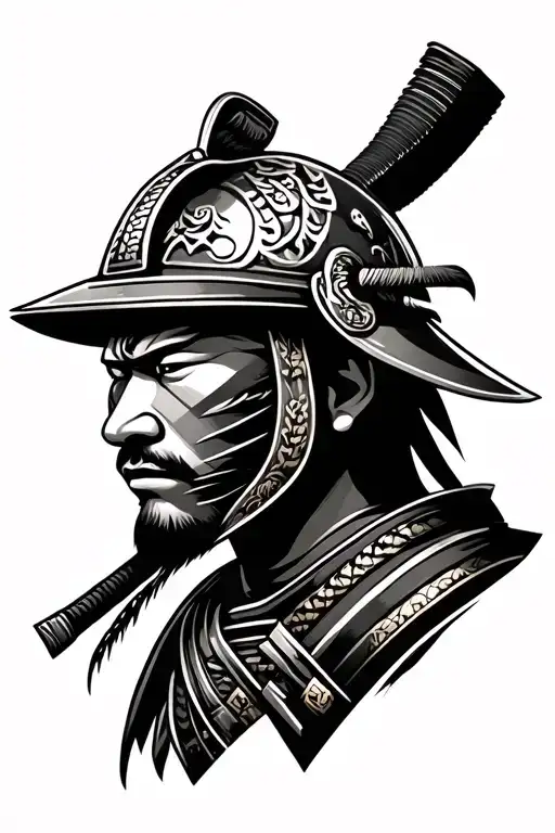 Samurai head with helmet tattoo design idea