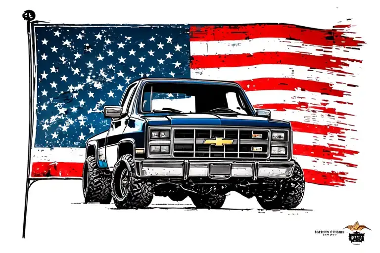 1987 squarebody chevy truck in front of distressed flag tattoo design idea