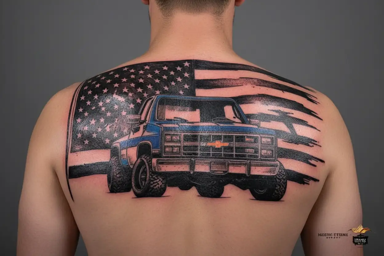 1987 squarebody chevy truck in front of distressed flag tattoo design idea