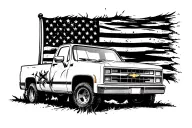 1987 squarebody chevy truck in front of distressed flag tattoo design idea