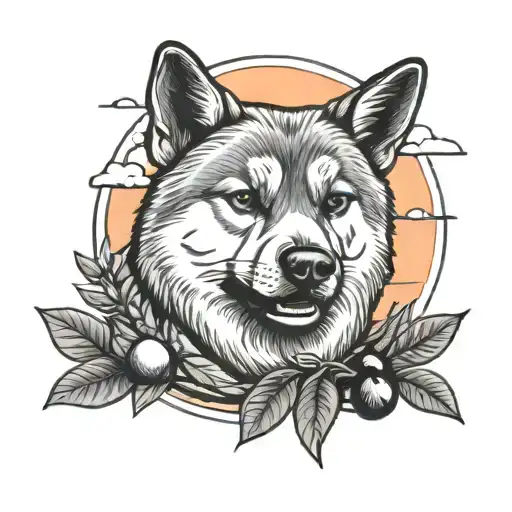 A tattoo of a Japanese Akita dog playing with olives in a traditional Japanese garden with a Hawaiian sunset in the background tattoo design idea
