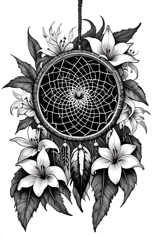  traditional dream catcher surrounded by lillies tattoo design idea