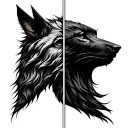 woolf head split into two personalities good vs bad, create animal logo emblm tattoo design idea