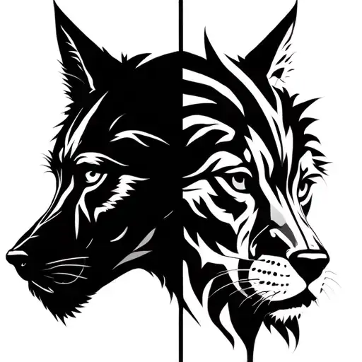 woolf head split into two personalities good vs bad, create animal logo emblm tattoo design idea