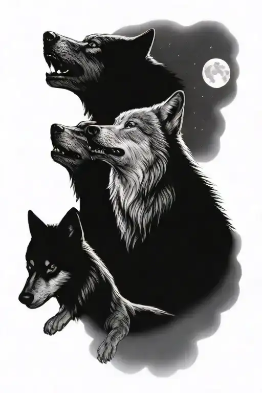 2 adult wolves and 2 cubs howling at the moon tattoo design idea