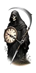 hooded Reaper, darkness,, scary, holding a scythe, blade, golf course, nature, time, clock tattoo design idea