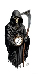 hooded Reaper, darkness,, scary, holding a scythe, blade, golf course, nature, time, clock tattoo design idea