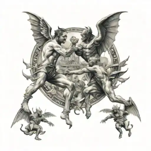 fight scene between 100 devils and 100 angels in a city  tattoo design idea