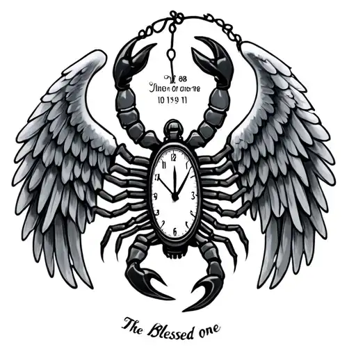 "The Blessed one" "The Blessed one" "10/19/68-3/29/11" scorpion intertwined with stopwatch angel wings  tattoo design idea