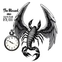 "The Blessed one" "The Blessed one" "10/19/68-3/29/11" scorpion intertwined with stopwatch angel wings  tattoo design idea