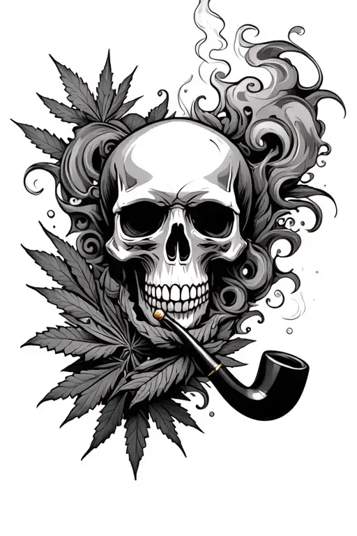 A skull smoking a pipe, surrounded by swirling smoke and weed tattoo design idea