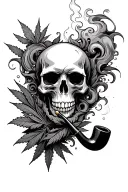 A skull smoking a pipe, surrounded by swirling smoke and weed tattoo design idea