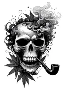 A skull smoking a pipe, surrounded by swirling smoke and weed tattoo design idea