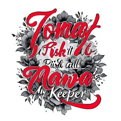 “For Her I’d risk it all” above “Tanya”  in red cursive writing and underneath have “My Mothers Keeper” in cursive  tattoo design idea