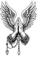 Praying Hands, Rosary beads intertwined, Wings tattoo design idea