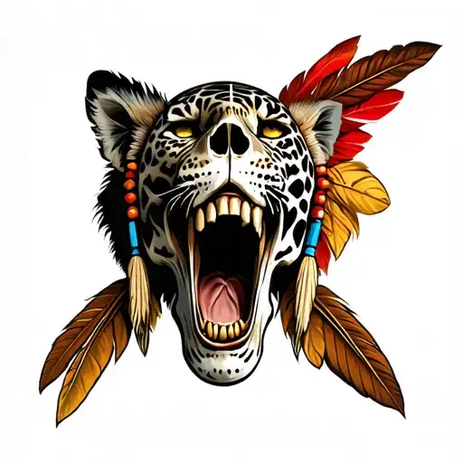 mayan jaguar warrior skull with indian feathers facing front screaming war cry tattoo design idea