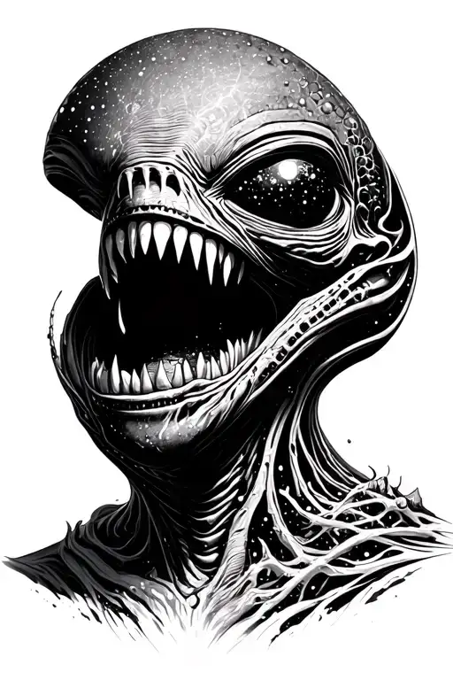 Cosmic Alien Romulis elongated muzzle with an open mouth with fangs in saliva with space elements tattoo design idea