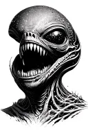 Cosmic Alien Romulis elongated muzzle with an open mouth with fangs in saliva with space elements tattoo design idea