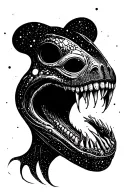 Cosmic Alien Romulis elongated muzzle with an open mouth with fangs in saliva with space elements tattoo design idea