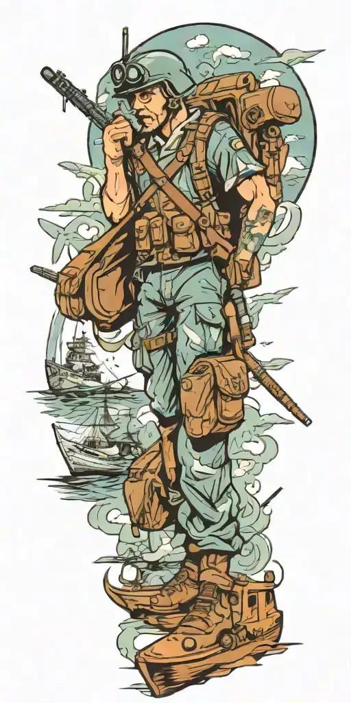war soldier with boats and planes tattoo design idea