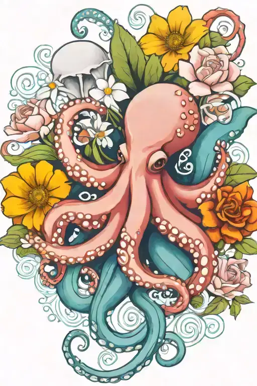 octopus, white snowdrop, rose,  marigold flower tattoo design idea