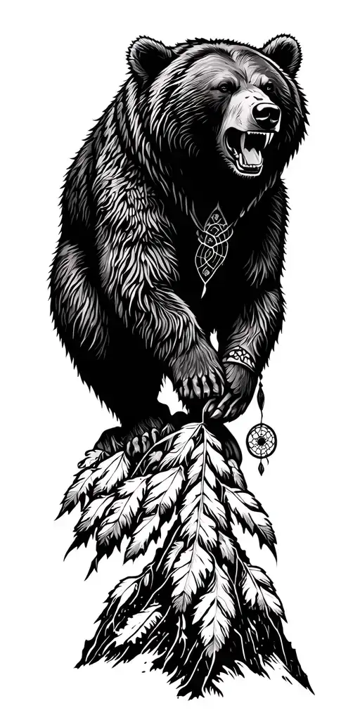 A fierce bear roaring atop a mountain peak with intricate dotwork details dream Catcher native trible tattoo design idea