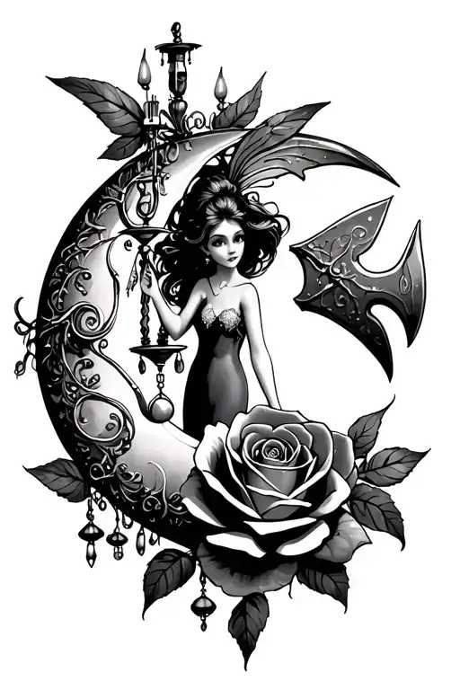 Tinkerbell fairy, crescent moon,  rose, axe, chandelier  tattoo design idea