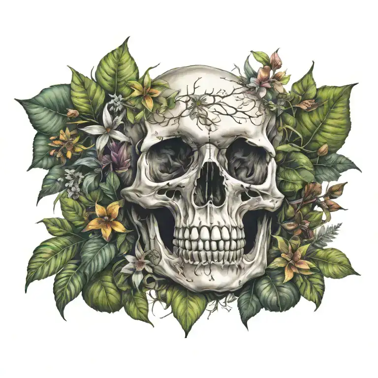 Skull surrounded by a variety of poisonous plants found in the rainforest tattoo design idea